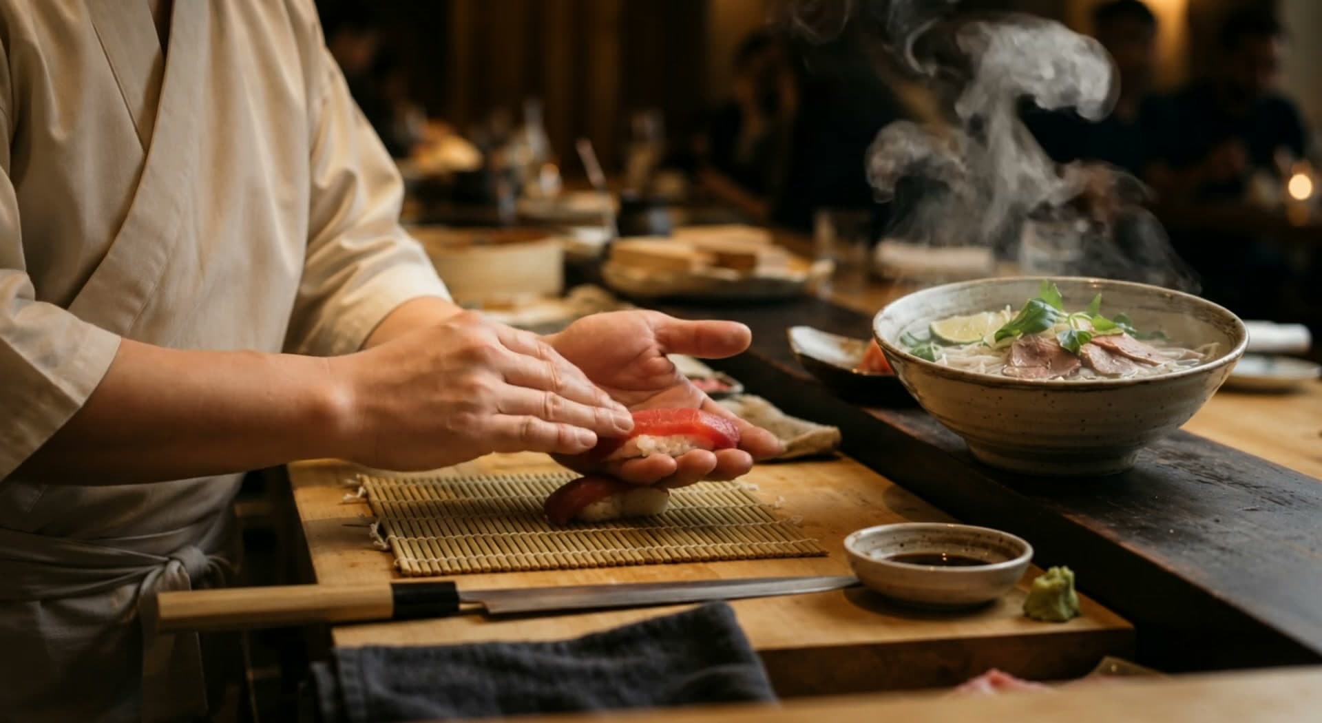 Hände formen Nigiri am Tresen, daneben dampft eine Schale Pho